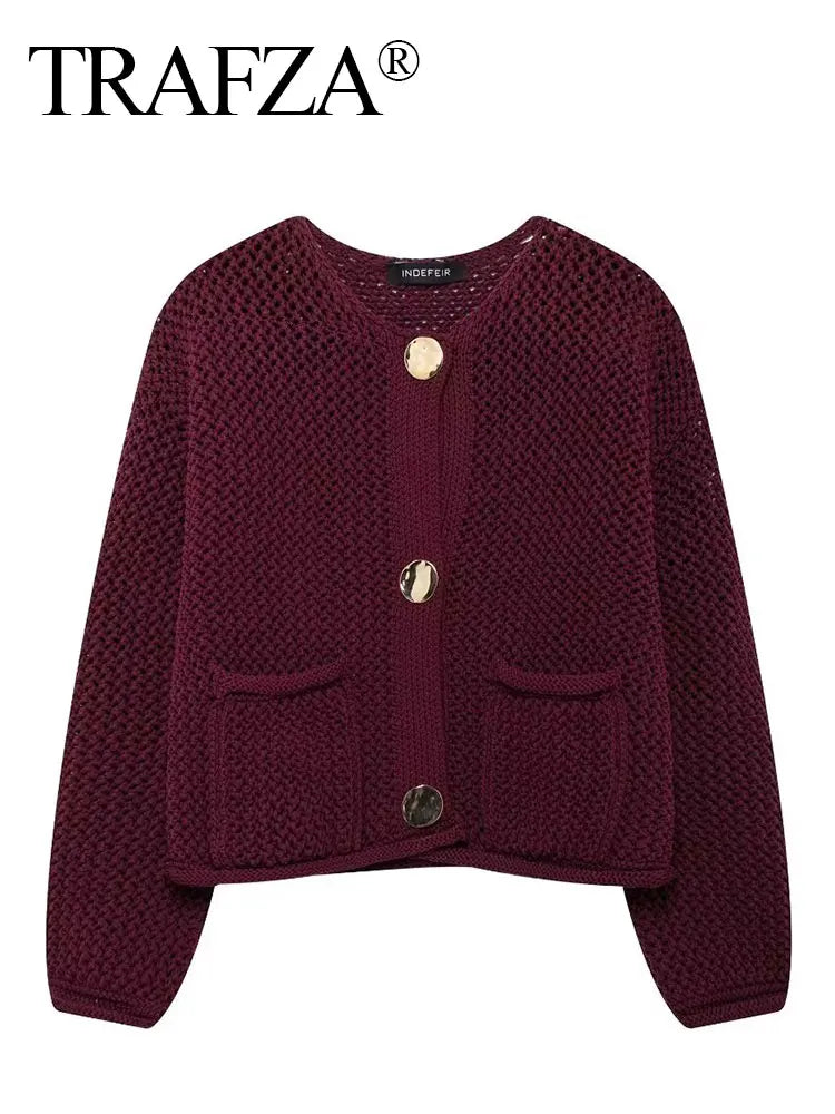 Women's Cardigan Sweater™ TRAFZA Vintage Cardigan Female Metal Buttons Long Sleeve Coat With Pockets Knitwear