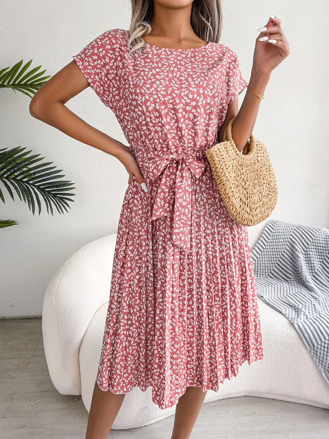 Women Dresses™ Spring Summer Short Sleeve High Waist Floral Pleated A Line Long Dress