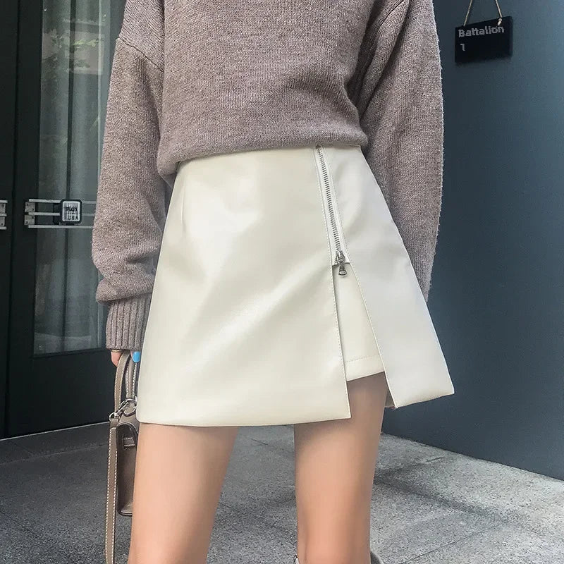 Women's Mini Dress™ Fashionable Zippered Pu Leather Slimming High-waisted A- line Skirt