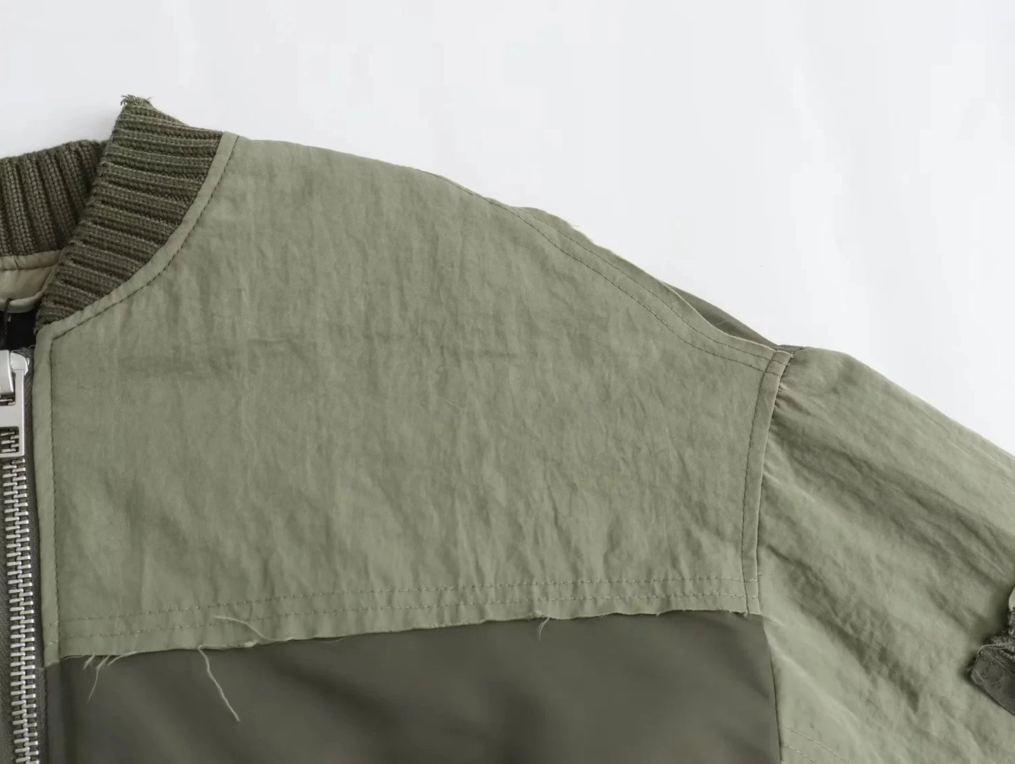 Women's Army green Bomber™ Jackets  KONDALA Patchwork Zipper Pockets Oversized Coats