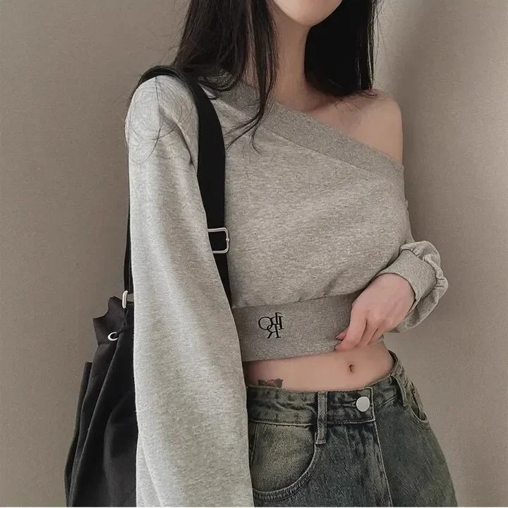 Women's Off-the-shoulder Sweatshirt™ Cropped Top Embroidery Loose-fit Windy Sweatshirt