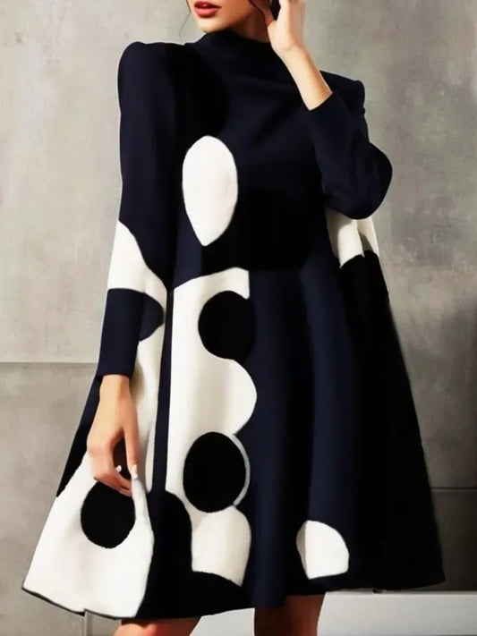 Women's Black White Polka Dot Dress™ Lemongor Fashion Long Sleeves High-neck A-Line Party Dress