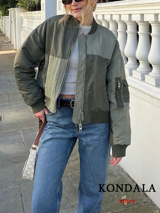 Women's Army green Bomber™ Jackets  KONDALA Patchwork Zipper Pockets Oversized Coats