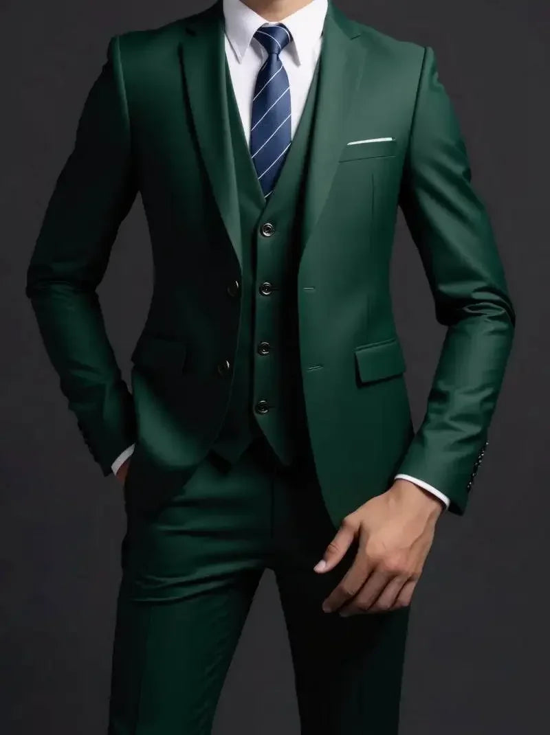 Men's Suit (Blazer+ Vest + Trousers) British Style Solid-color Suit