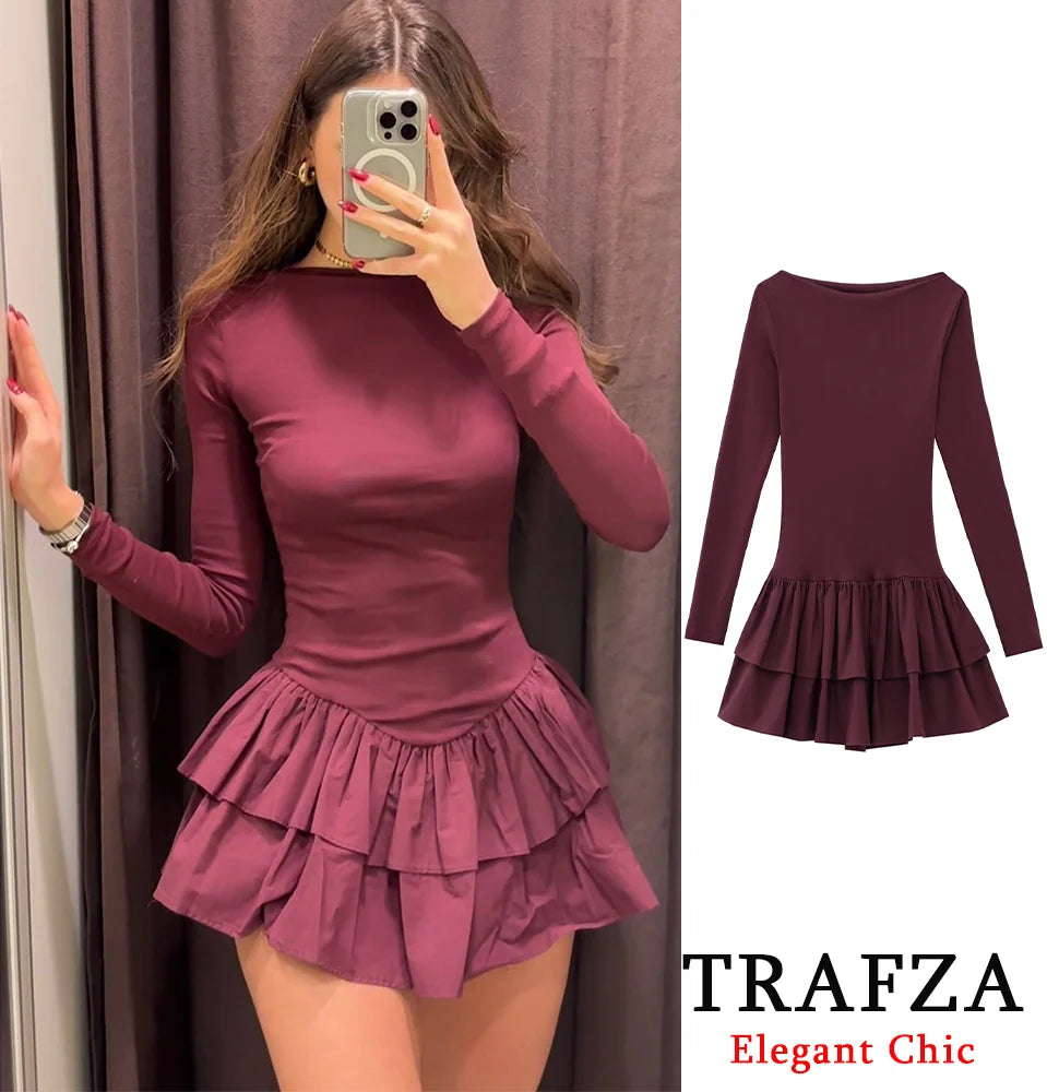 Women Dress™ TRAFZA Long Sleeve Dress Layered Hem Stretch Slim Brown Short Dress