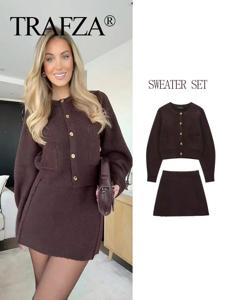 TRAFZA Women's Knitted Brown Suit™ Buttons Pocket Cardigan Sweater and  Elastic Waist Slim Mini Skirt