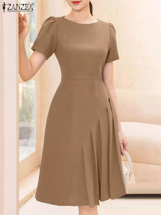 Women's ZANZEA Summer Elegant OL Work Dress™ Short Sleeve A Line  Solid Pleated Dresses