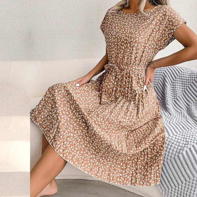 Women Dresses™ Spring Summer Short Sleeve High Waist Floral Pleated A Line Long Dress
