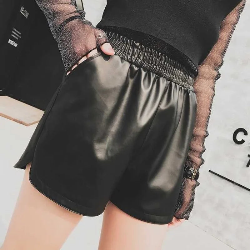 Women's Shorts™ Black PU Leather High Waist Wide Leg Faux Leather Shorts