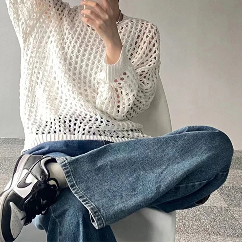HELIAR Women's Hollow Out T-shirts™ Long Sleeve O-Neck Loose Casual Knit Sweater