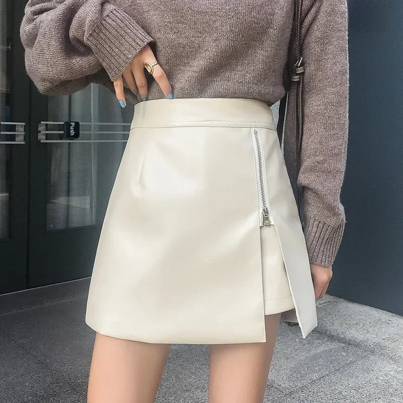 Women's Mini Dress™ Fashionable Zippered Pu Leather Slimming High-waisted A- line Skirt