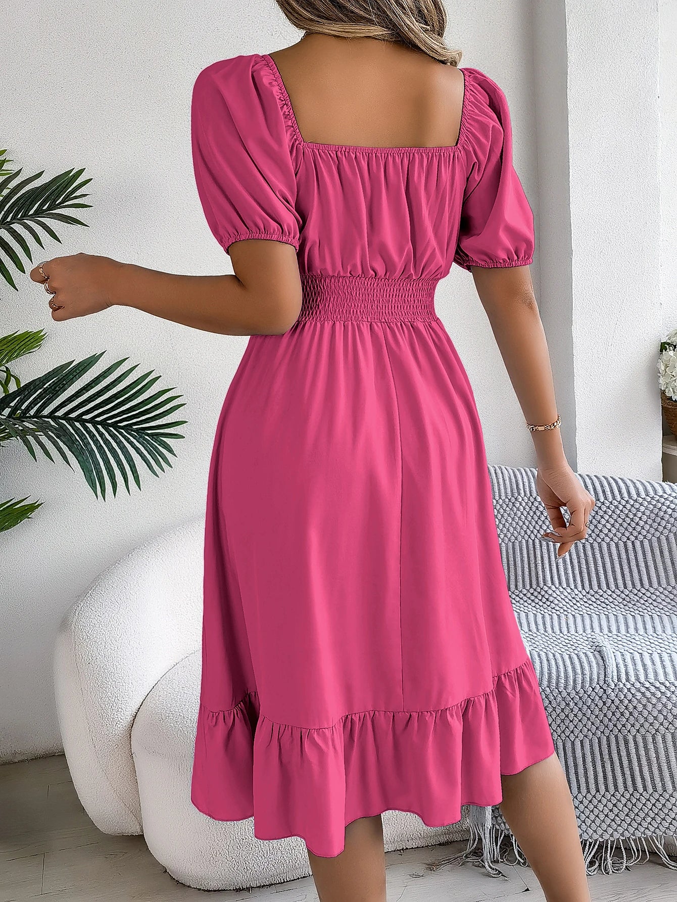 Women's Solid Puff Sleeve Square Neck Dress™ Ruched Bust Ruffle Hem Waist Dress,