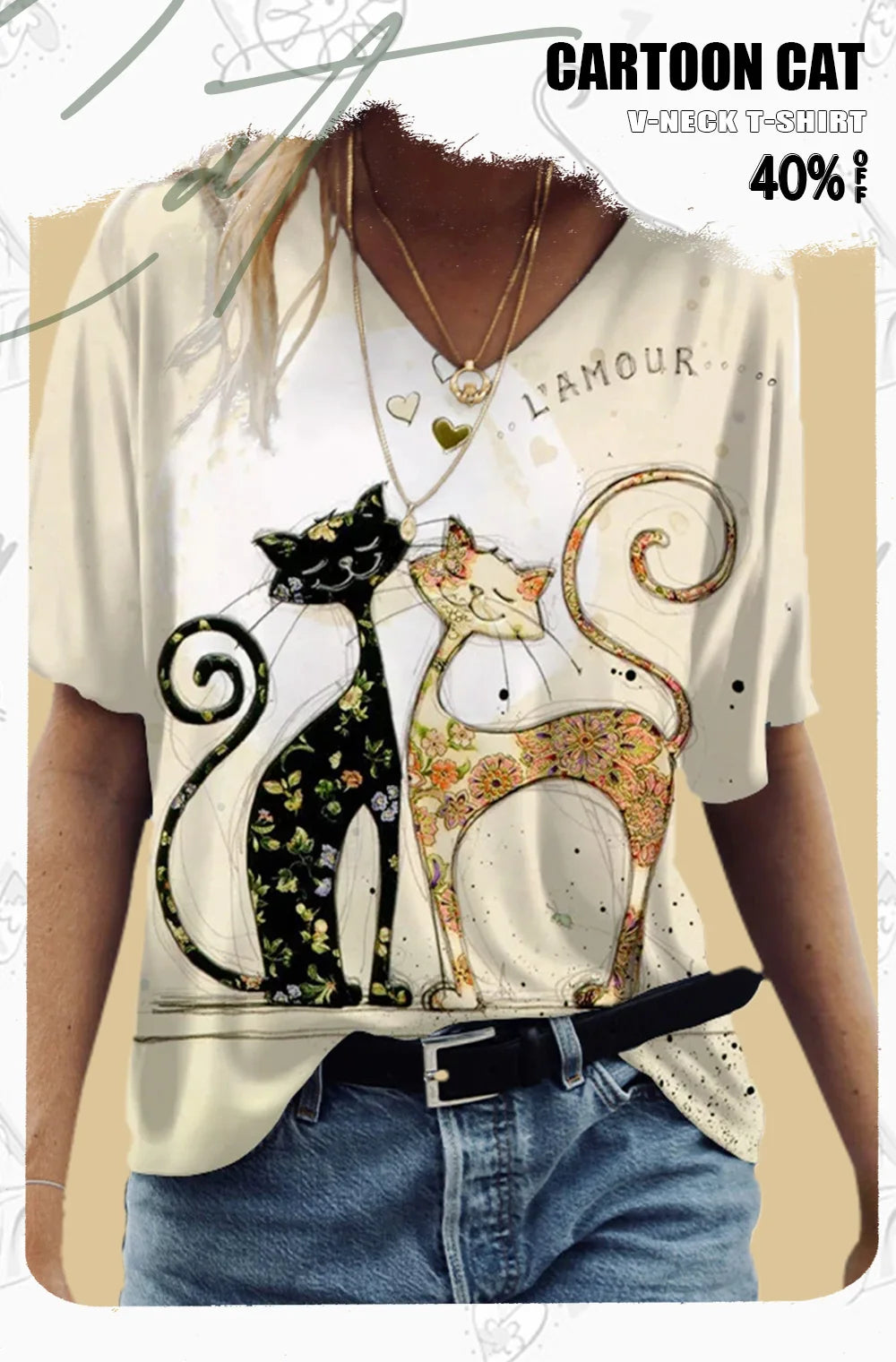 Women's Cartoon Cat Print T-shirt™ Summer Short Sleeve V-Neck Kawaii Fashion Tees