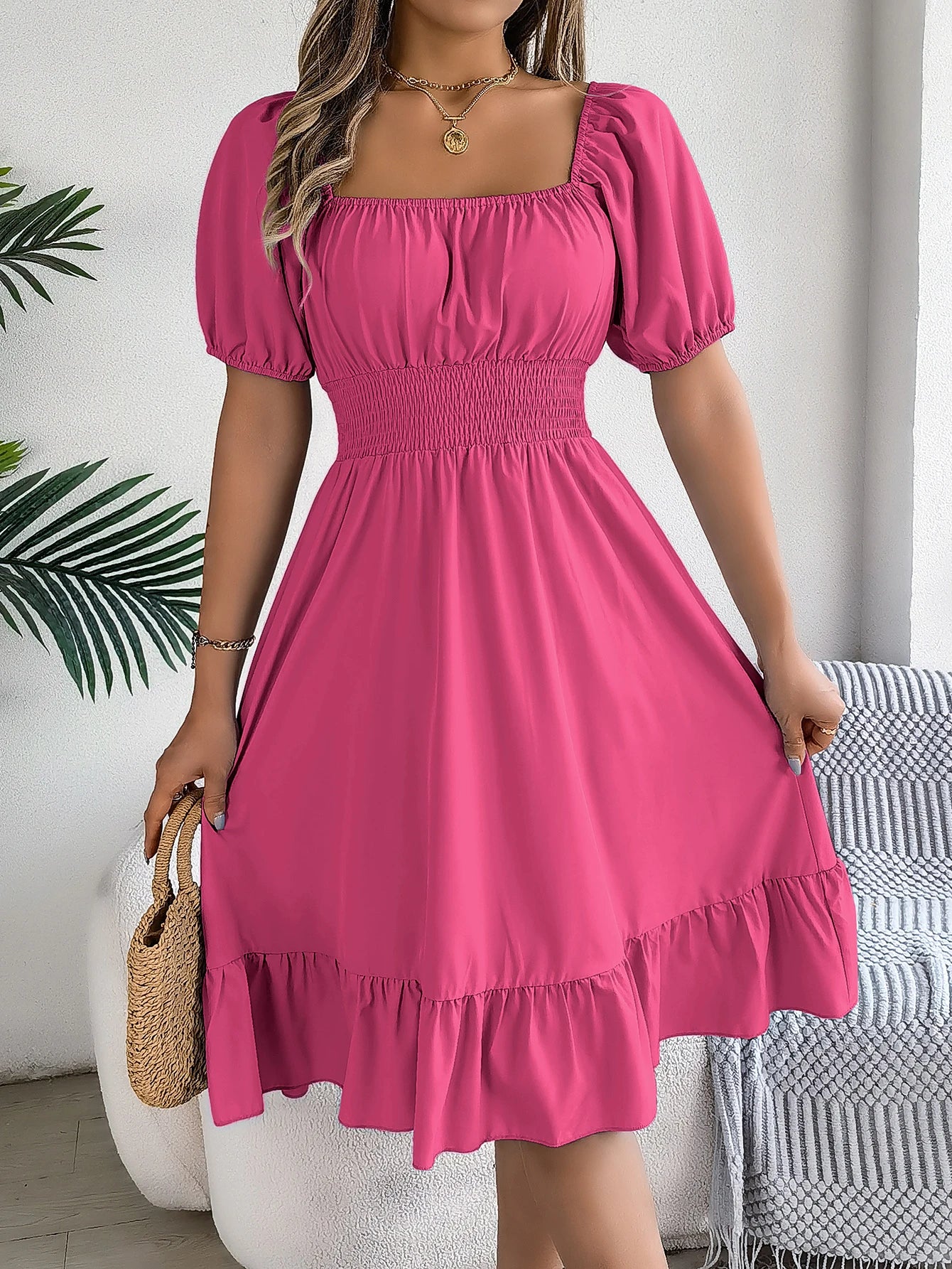 Women's Solid Puff Sleeve Square Neck Dress™ Ruched Bust Ruffle Hem Waist Dress,