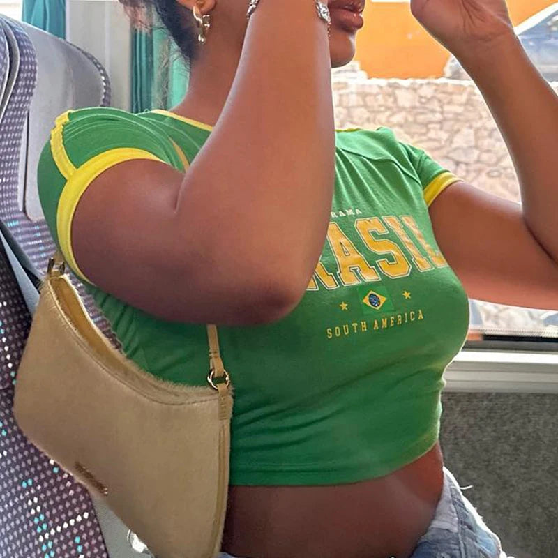 Women's Summer T-Shirt™ Retro Street Aesthetic Green Brazil Letters Print Crop Tops