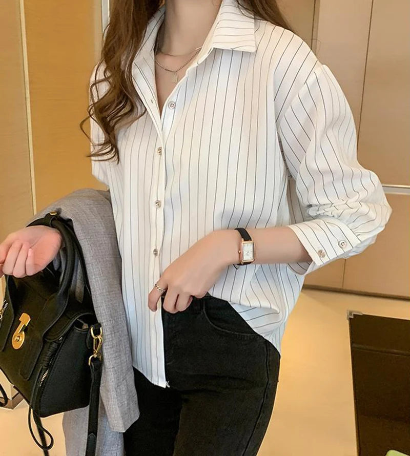 Women's Striped Shirt™ Y2K Summer Vintage Chic Loose Long Sleeve Office Ladies Shirt