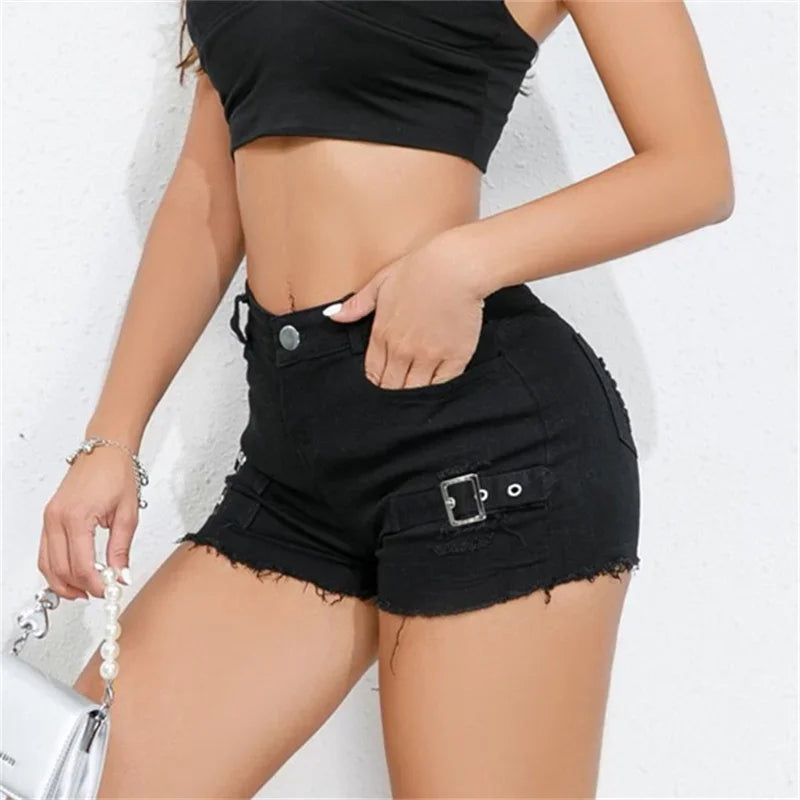 Women's Denim Shorts™ High Waist Broken Holes Patchwork Tassel Ultra-Short Pants