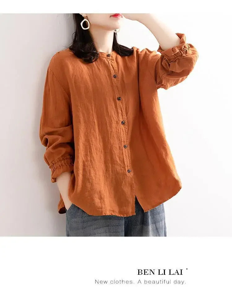 Women's Cotton Linen Shirts™ Loose Fit Round Neck Plus Lantern Sleeve Shirt