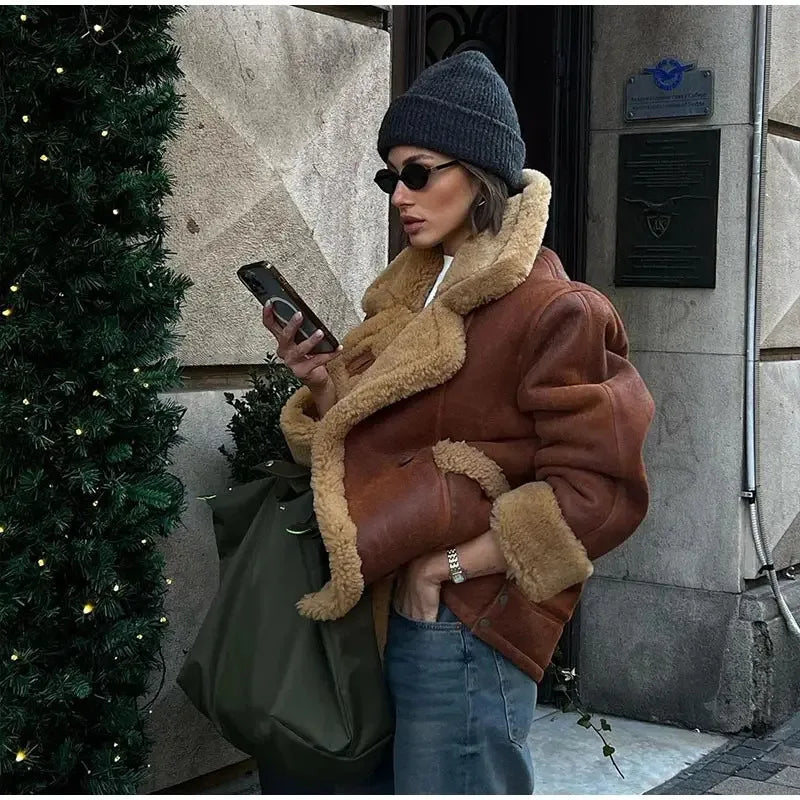 Women's Vintage Faux Leather Coat™ Warm Thick Fluffy Long Sleeve Big Lapel Single Button Winter Jacket