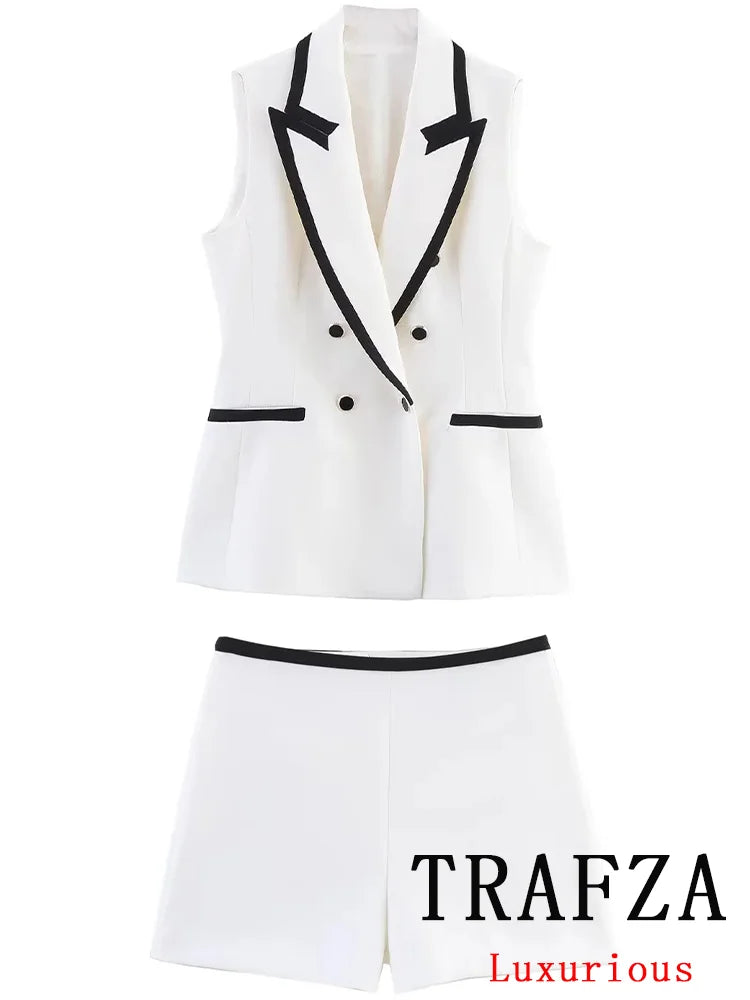 Women's Summer Suit™ TRAFZA Causal Chic Patchwork V Neck Double Breasted Vest Blazer Straight Shorts Spring Summer Sets