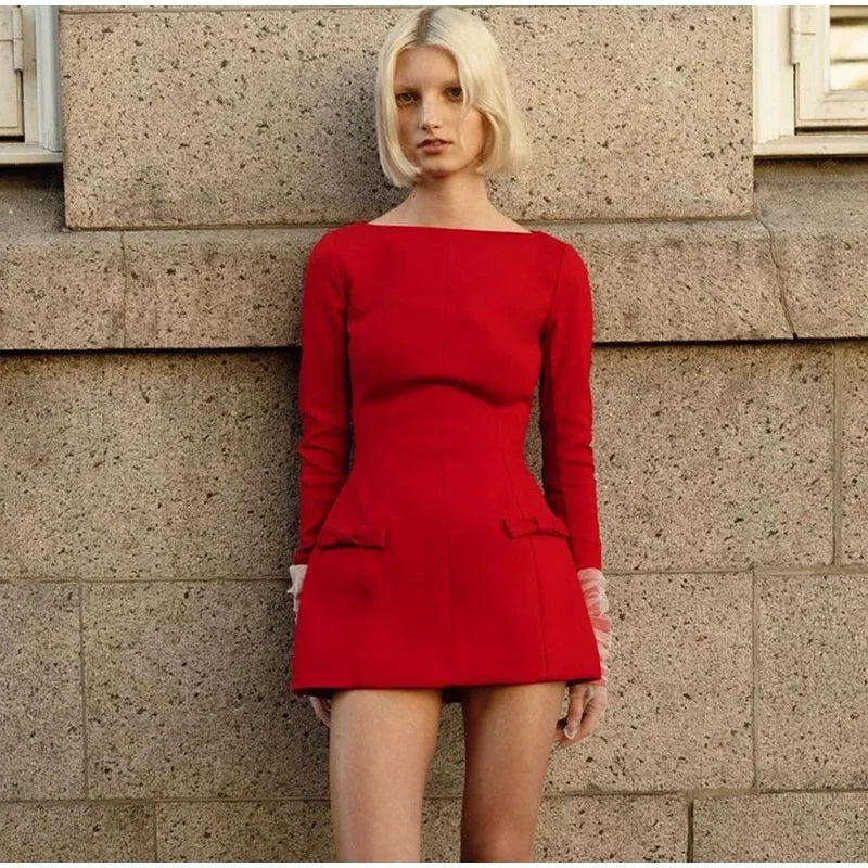 Women's Red Dress™ Double Bow Round Neck Long Sleeve Mini Dress Slim Fit High Waist Dress