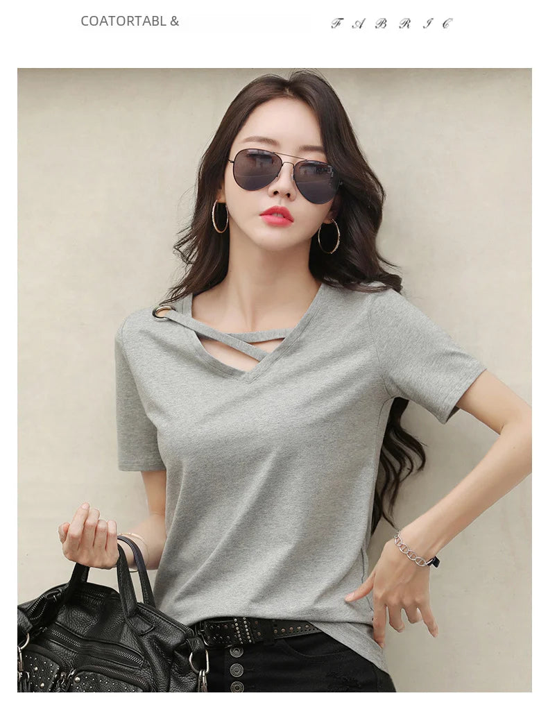 Women Short Sleeve Heart-neck T-shirt™ Half-sleeve Loose Tops