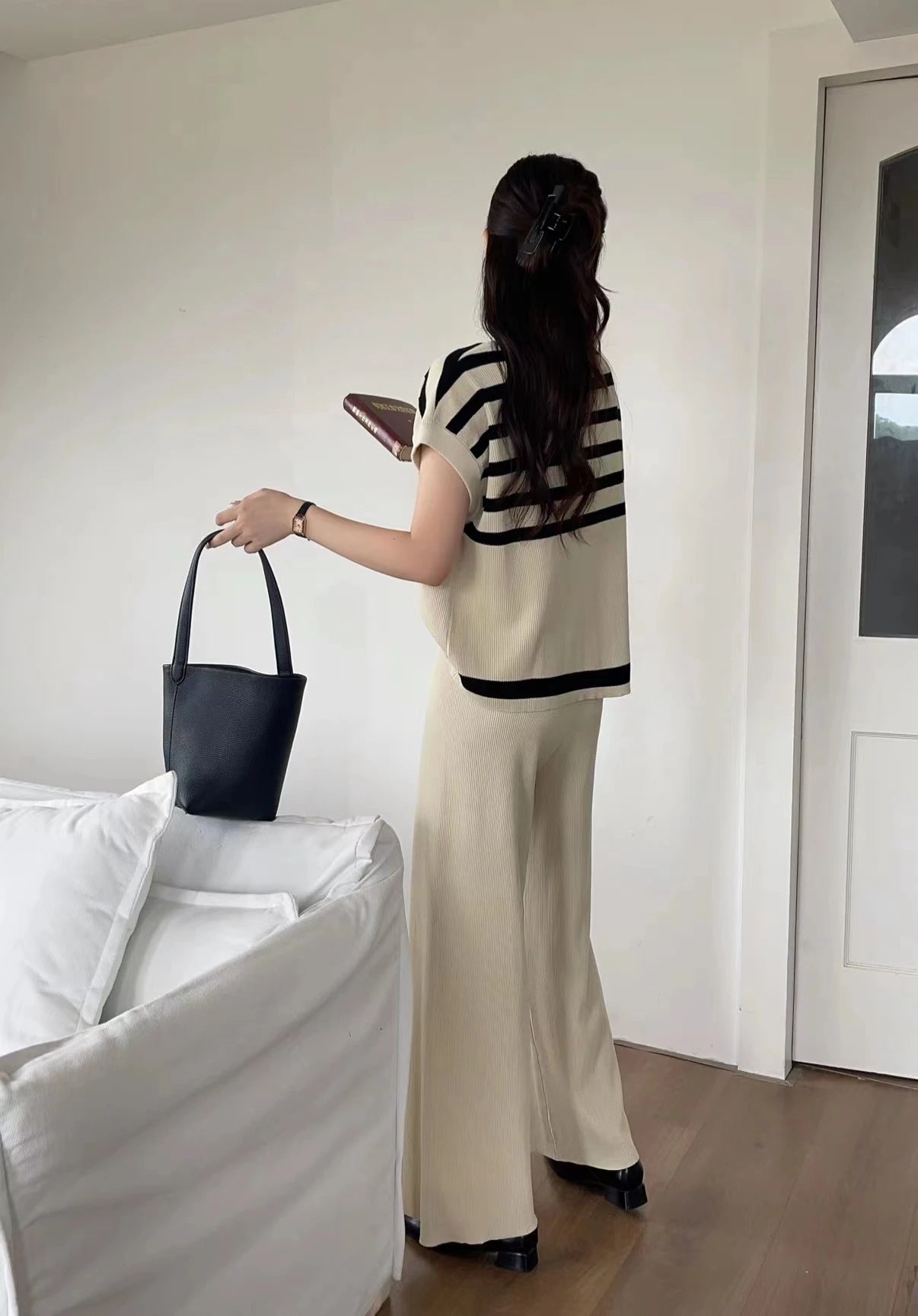 Women's Summer Suit™ 2 Pieces Set O-Neck Sleeves Tank Top Stripe Sweater Wide Leg Pant Set Outfit