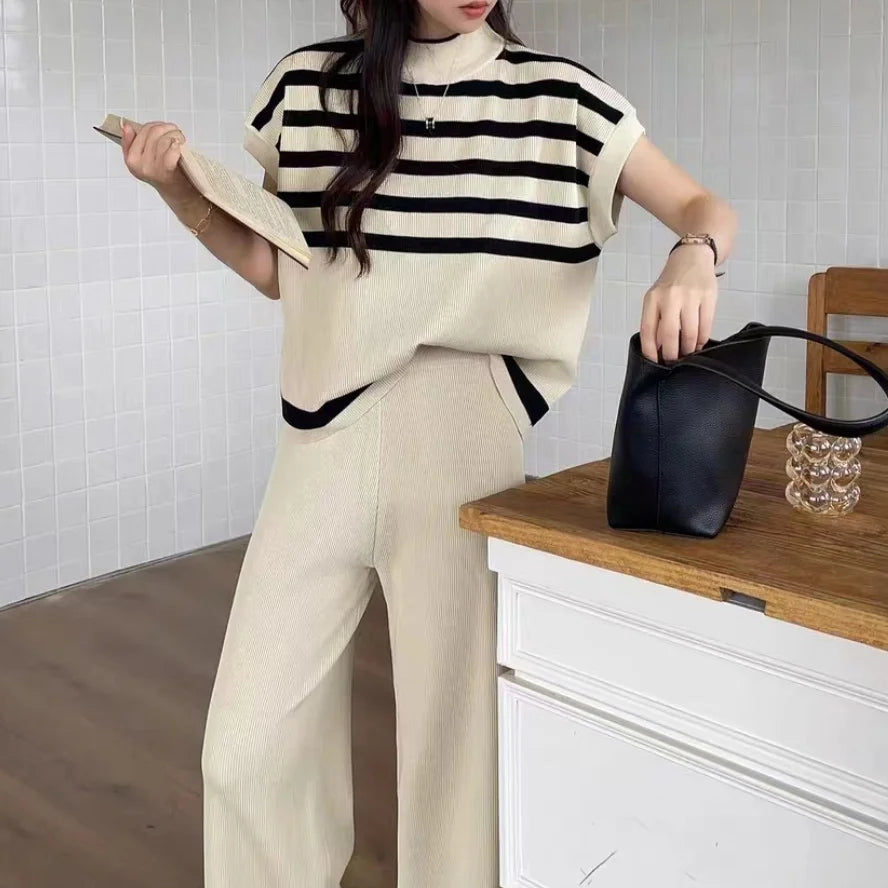 Women's Summer Suit™ 2 Pieces Set O-Neck Sleeves Tank Top Stripe Sweater Wide Leg Pant Set Outfit