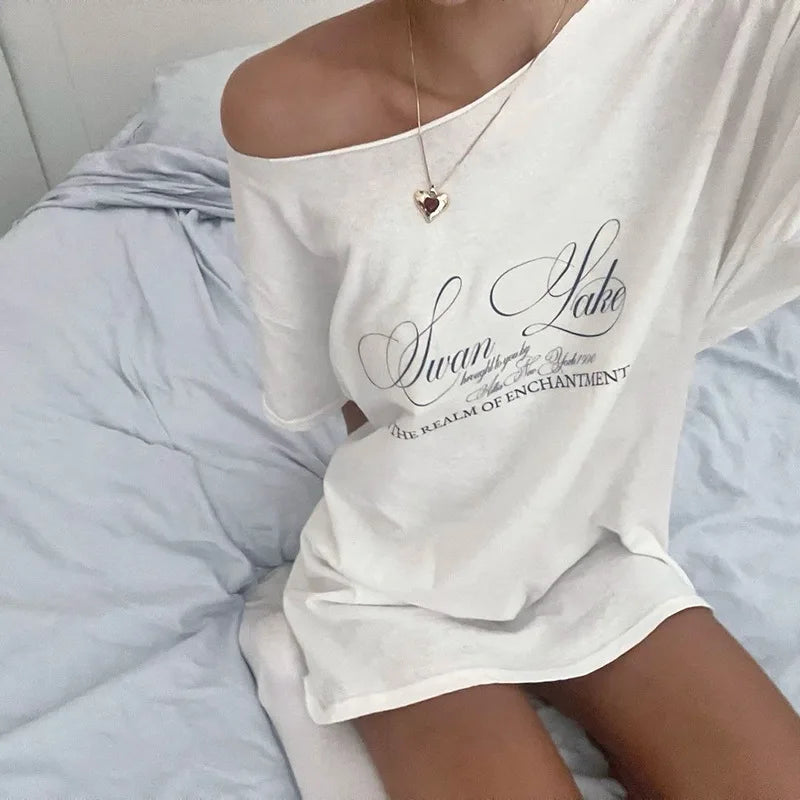 Women's Summer T-Shirt™ Letter Print Graphic Oversized One Shoulder Tops