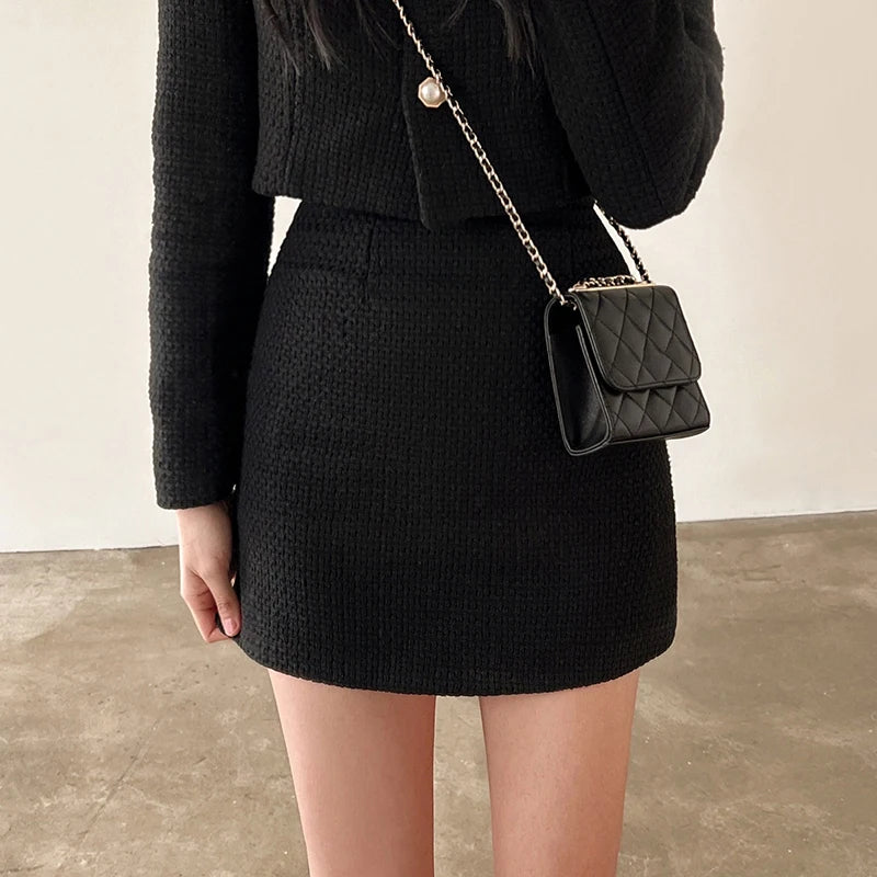 HELIAR Women's Jacket & Skirt Set™ Tweed Long Sleeve Pearl Buttons Short Jacket and A-line Mini Skirt Outfits
