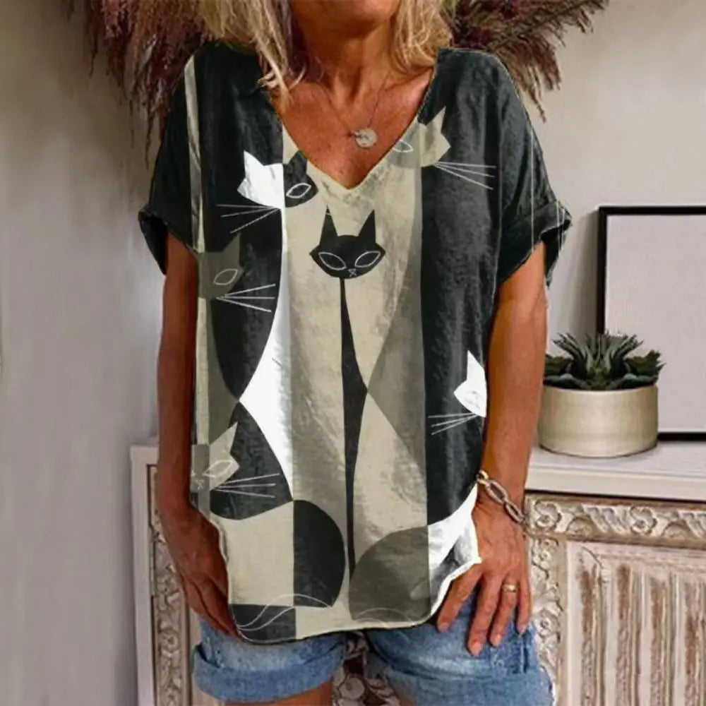 Women's Cartoon Cat Print T-shirt™ Summer Short Sleeve V-Neck Kawaii Fashion Tees