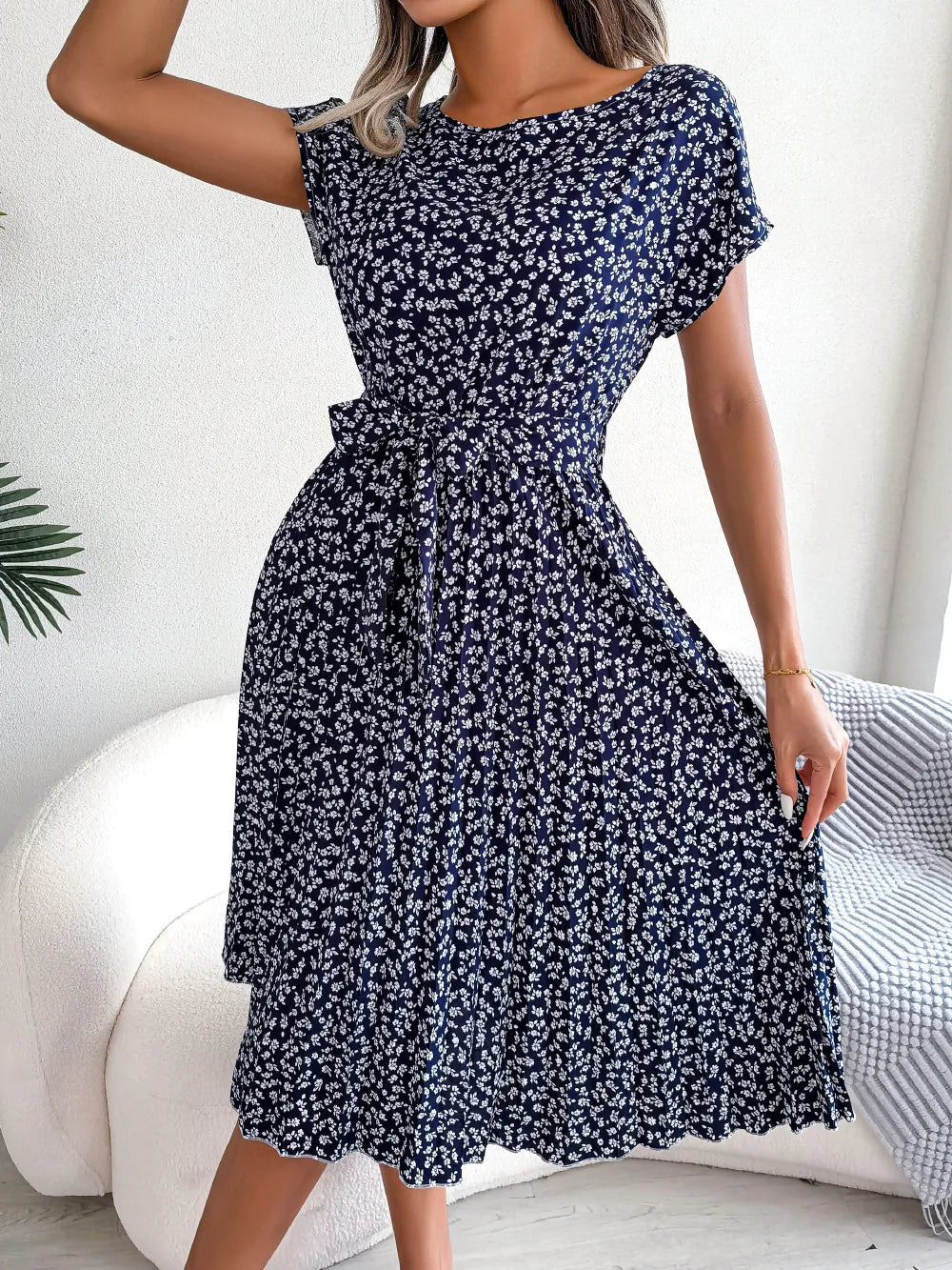 Women Dresses™ Spring Summer Short Sleeve High Waist Floral Pleated A Line Long Dress