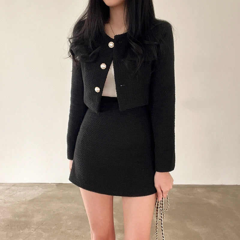 HELIAR Women's Jacket & Skirt Set™ Tweed Long Sleeve Pearl Buttons Short Jacket and A-line Mini Skirt Outfits