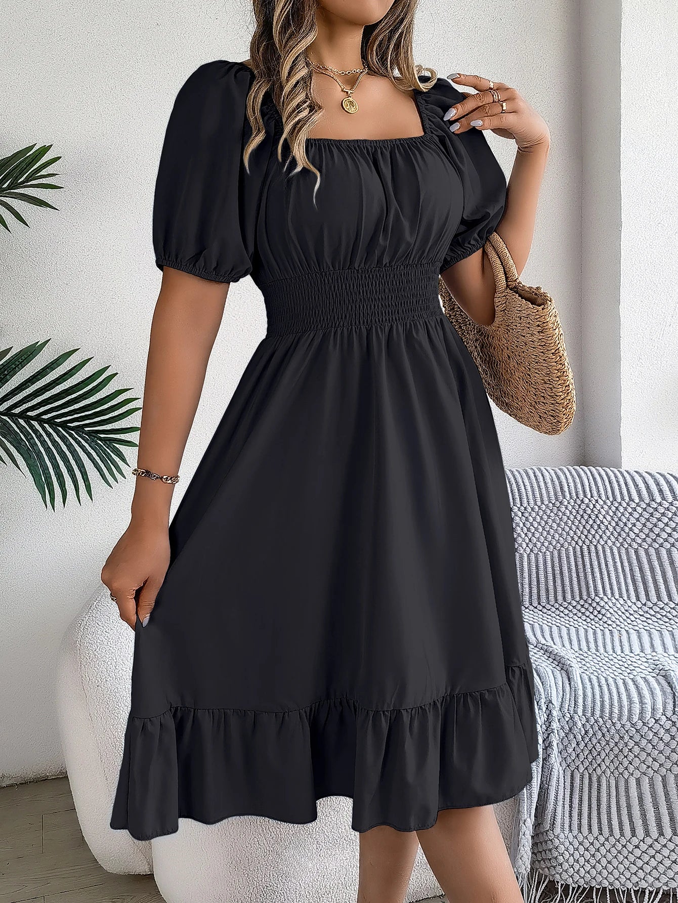 Women's Solid Puff Sleeve Square Neck Dress™ Ruched Bust Ruffle Hem Waist Dress,