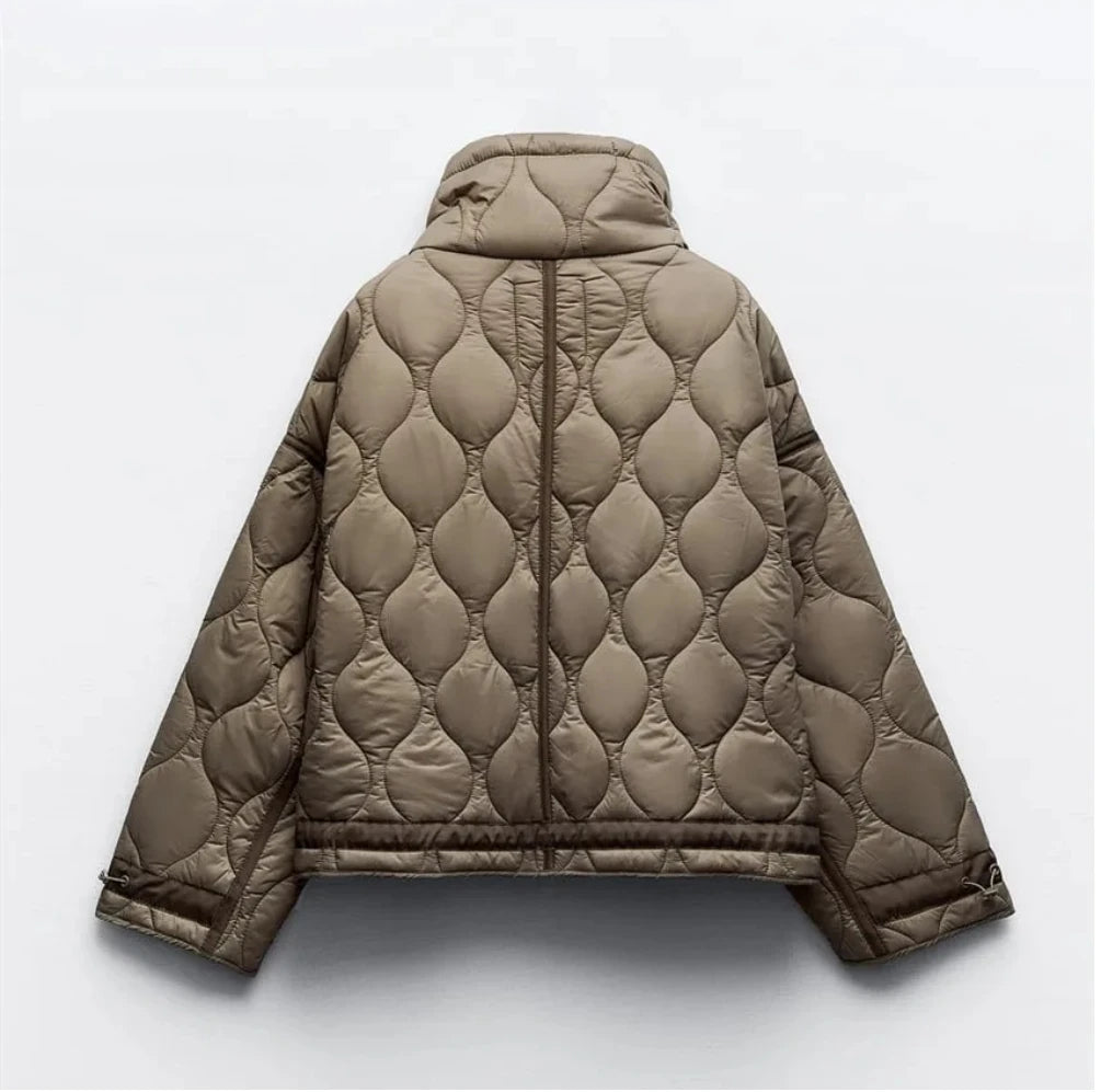 Women's Quilted Coat™ drawstring ties high neck pocket clip cotton jacket for women