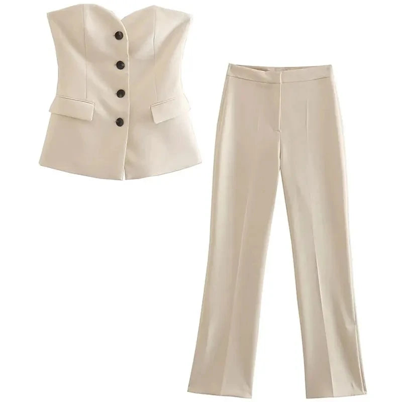 Women's TRAFZA Summer Suit™ Front Button Strapless Tank Tops + Side Slit Trouser Sets