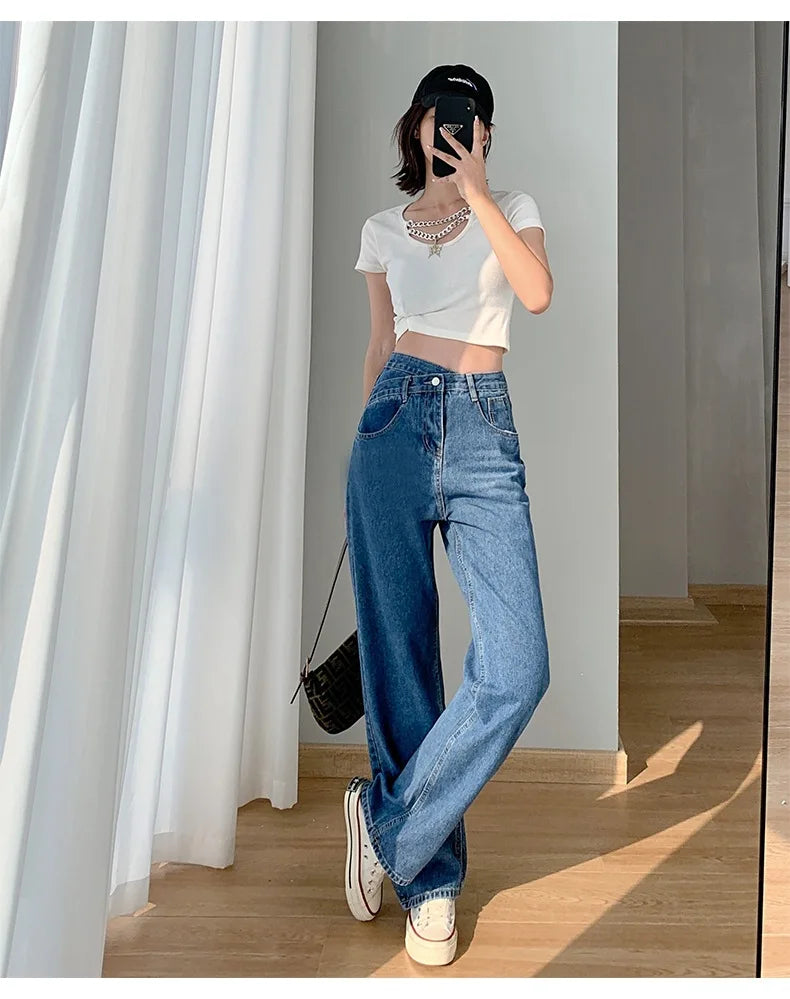 Women's Denim Jeans™ Irregular High-Waisted Wide Straight-Leg Draped Trousers