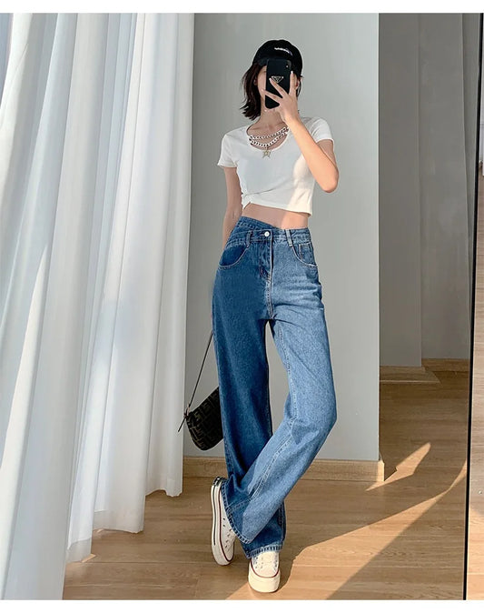 Women's Denim Jeans™ Irregular High-Waisted Wide Straight-Leg Draped Trousers