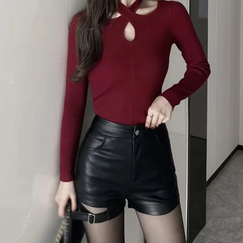 Women's Shorts™ High Waist PU Leather Versatile Hot Shorts Hollow out Buckle Slim Shorts