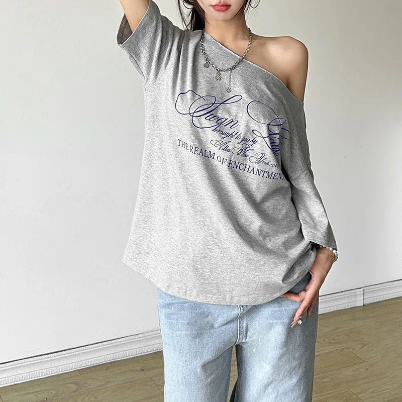 Women's Summer T-Shirt™ Letter Print Graphic Oversized One Shoulder Tops