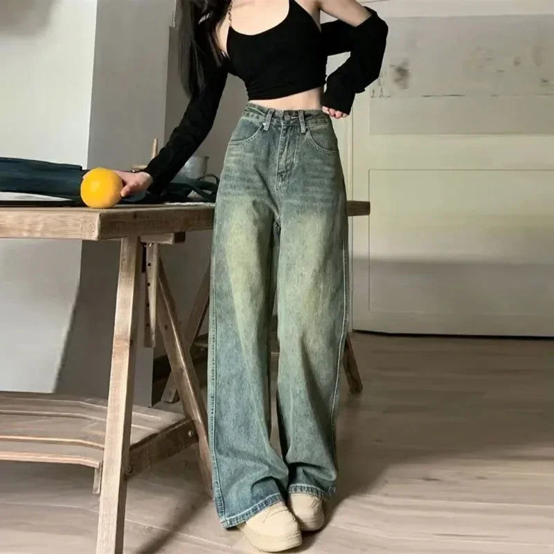 Women's Baggy Jeans™ Y2K Vintage Irregular High Waist Slimming Wide Leg Mop Long Pants Blue Baggy Jeans