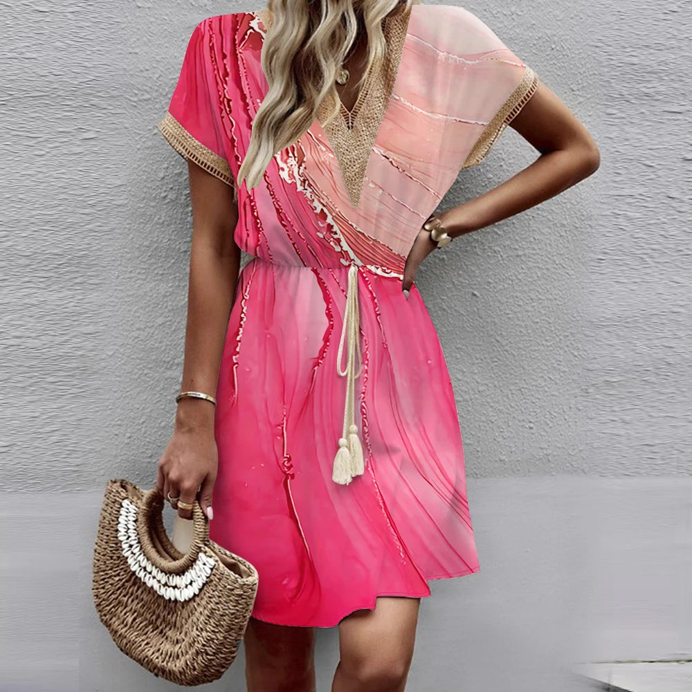 Women's Medium Length Dress™ Bat Sleeves  V-Neck Waist Wrap Lace Dress