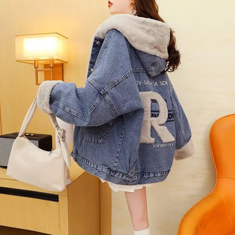 Women's Fleece-lined Jacket™ Thickened Denim Style Loose Fit High-end Feel Idle Top