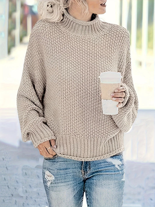 Women's solid color pullover™ casual high neck lantern sleeve woolen tops