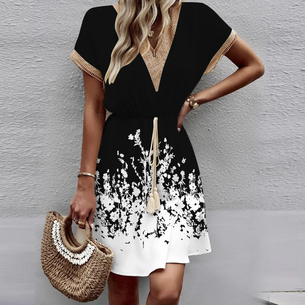 Women's Medium Length Dress™ Bat Sleeves  V-Neck Waist Wrap Lace Dress
