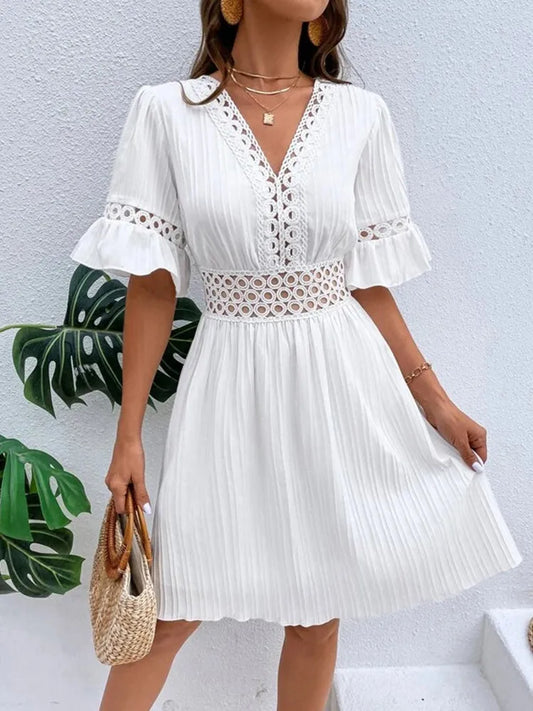 Women's Fashion Elegant Dress™ Ruffle Sleeve V-neck Woven Hollow White Simple Waist Dress