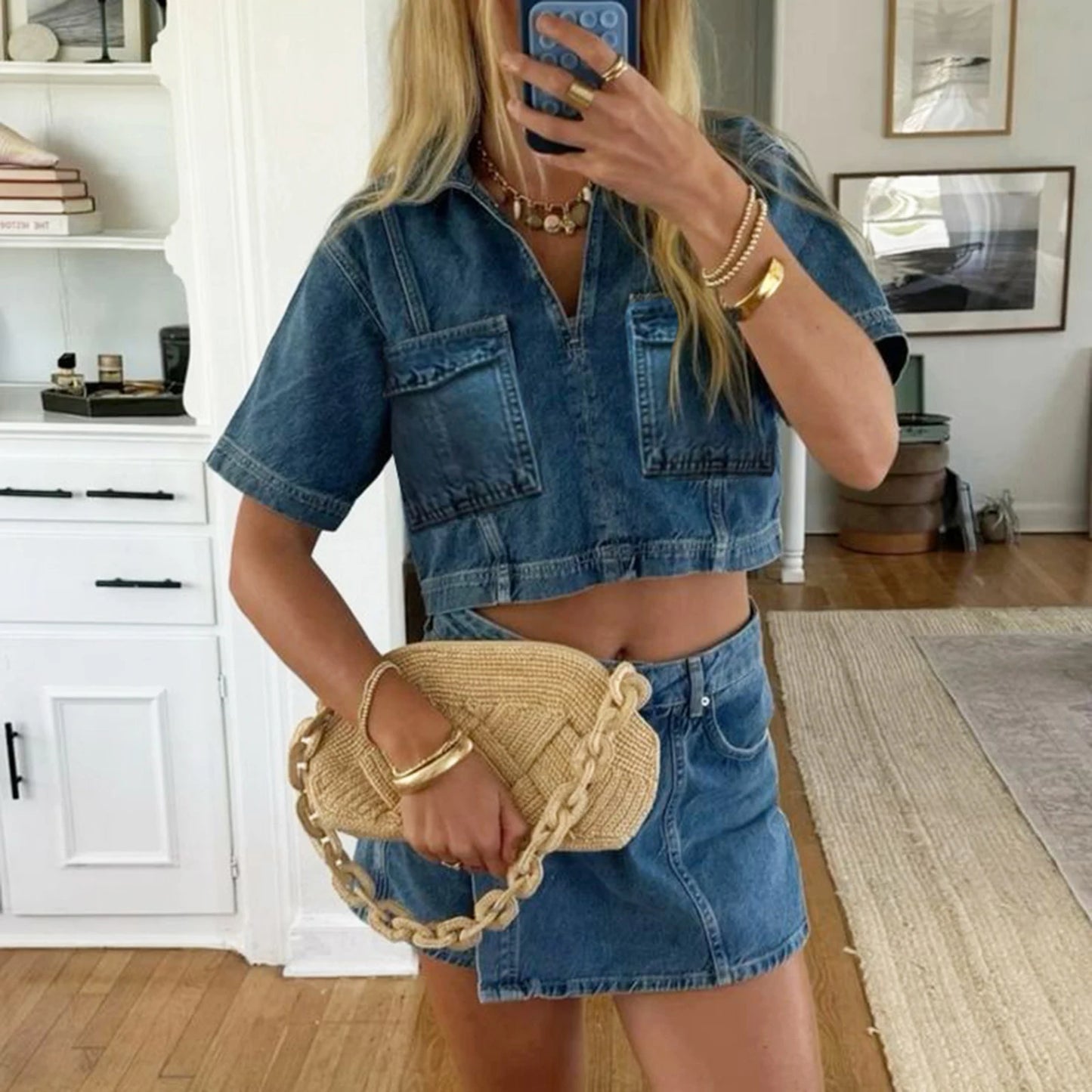 Women's Denim 2 Piece Set™ Short Sleeve Jean Tunic Tops Irregular Hem Mini Skirt Shorts Set