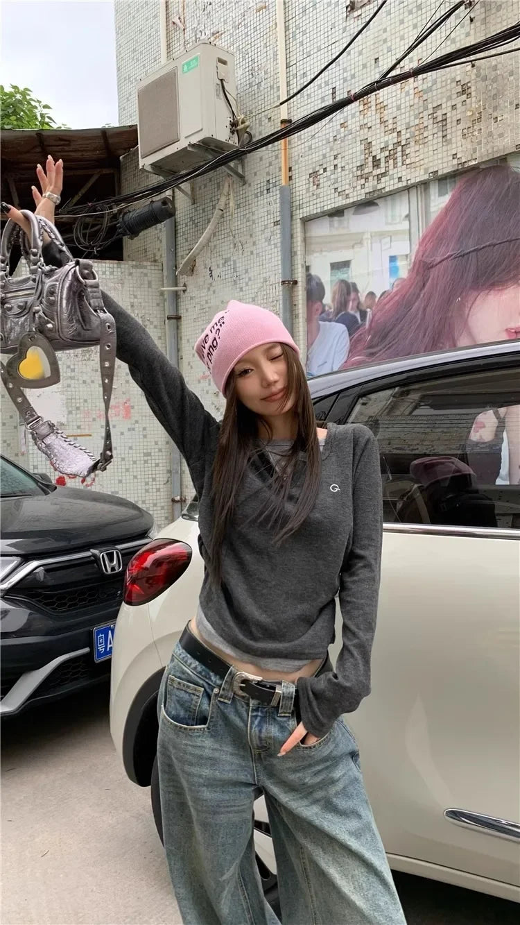 Women's T-Shirt™ Long Sleeves Korean Fashion Style O-neck Fake two items T-shirt