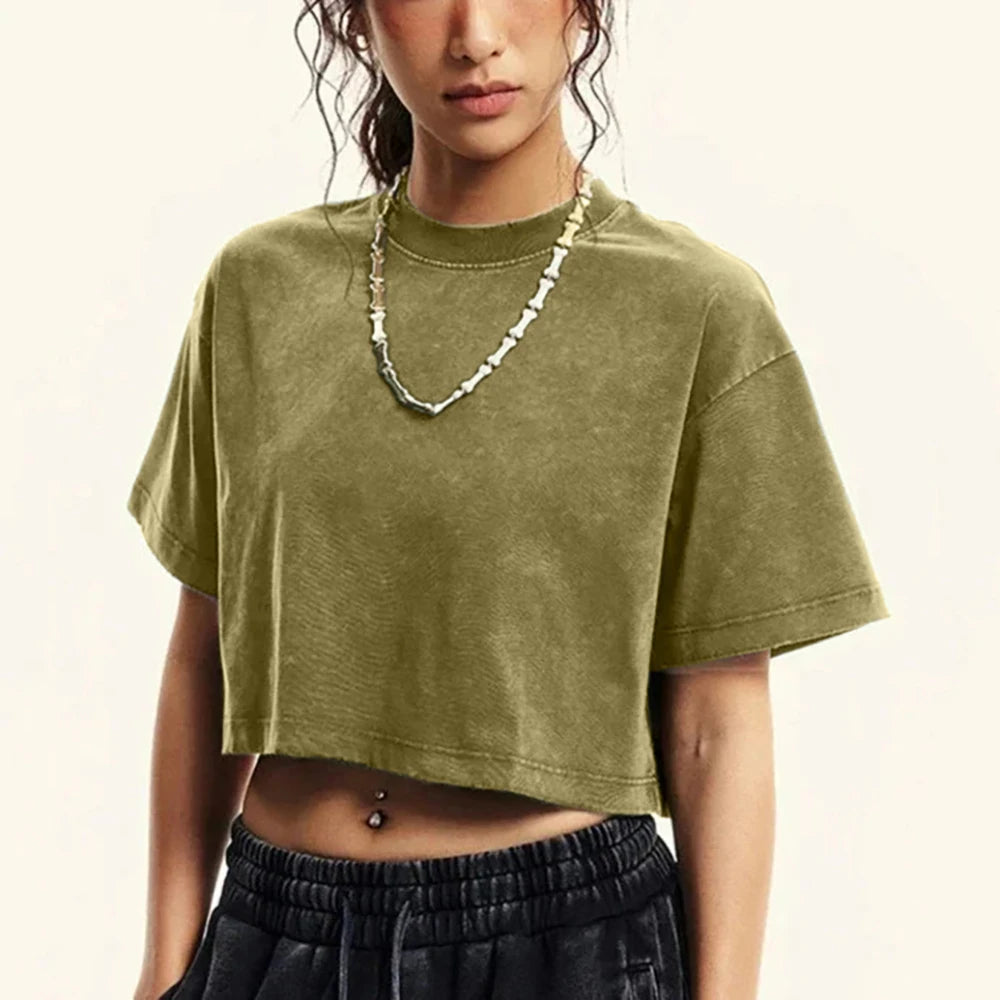 Women's Short Washed T-Shirts™ Soft Cotton Short Sleeve Retro Crop Tees