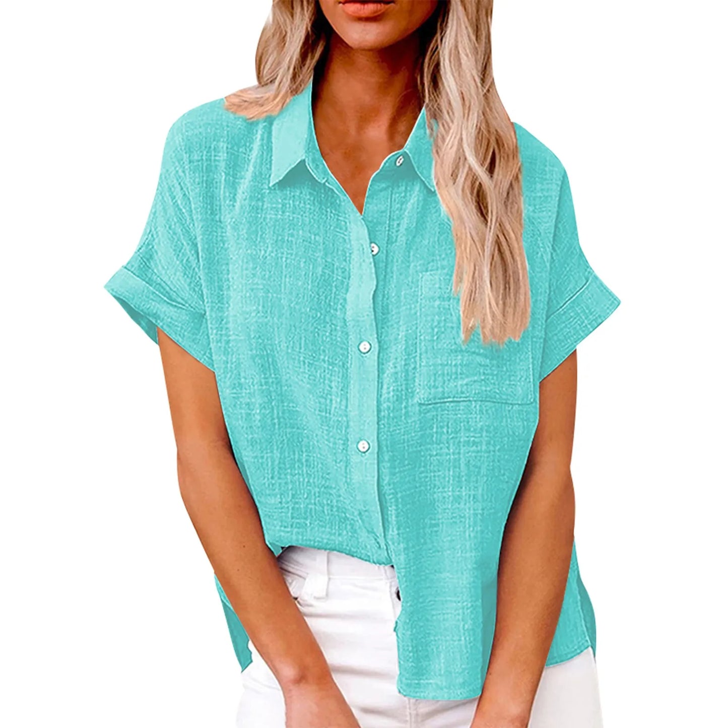 Women's  Cotton Linen Classic Shirts™ Short Sleeve Lapel Button Down Shirt